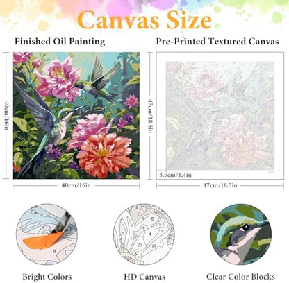 Paint by Numbers Kit for Adults, Hummingbird & Blooming Flowers, 16x16 Inch - Image 2
