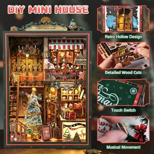 Christmas Book Nook Kit, DIY Miniature House Dollhouse Kit for Adults and Teens, Music Box, LED, 3D Wooden Puzzle Booknook Tiny House Bookshelf Decor, Gift for Family, Friends - Image 3