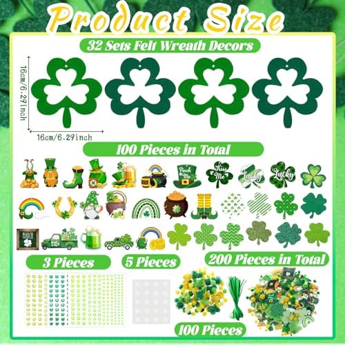 472 Pcs St Patrick's Day Kit Felt Shamrock Crafts Wreath Craft Activity DIY Green Clover Hanging Wreath Home Ornament with Gnome Rainbow Beer Hats Gold Coins Stickers for Irish Party Activity - Image 3