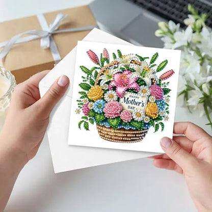 6Pcs Mother's Day Greeting Card DIY Diamond Art Painting Greeting Cards Special Shaped Diamond Blessing Folding Card Kit Arts Crafts for Holiday Festival-Flower Basket - Image 6