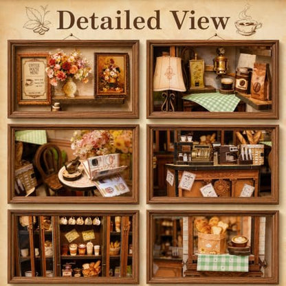 Book Nook DIY Miniature House Kit, 3D Wooden Puzzle Coffee House Dollhouse with Light & Tools, Creative Bookshelf Insert Craft Gifts for Adults Teens (Pavilion Coffee House) - Image 3