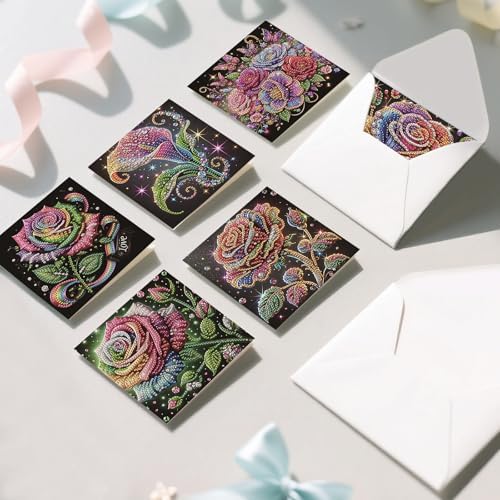 Diamond Art Cards with Envelopes–6PCS DIY Diamond Painting Greeting Cards Kit | Card Making Kit with Bling for Adults & Beginners | Birthday,Holiday & Thank You Cards (Rose Flower) - Image 3