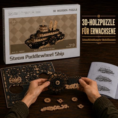 3D Wooden Puzzles for Adults,Paddle Steamer Ship Model Kit, Desk Décor,Gift - Image 3