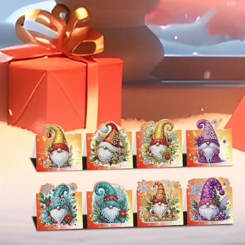 jinglinhh 8pcs Diamond Art Painting Christmas Gnome Greeting Cards with Envelopes, DIY Card Making Kits for Adults, Diamond Art Postcards Christmas Cards Craft Gifts - Image 6
