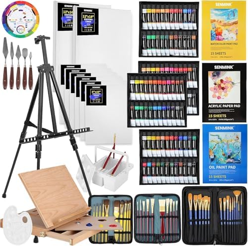 149Pcs Deluxe Artist Painting Set with Aluminum and Beech Wood Easel, 48 Colors Acrylic & Oil Paints, 24 Colors Watercolor Paints, Art Paint Supplies for Artists, Beginner & Adults by Senmink