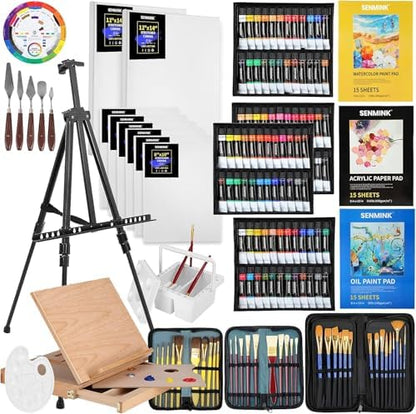 149Pcs Deluxe Artist Painting Set with Aluminum and Beech Wood Easel, 48 Colors Acrylic & Oil Paints, 24 Colors Watercolor Paints, Art Paint Supplies for Artists, Beginner & Adults by Senmink