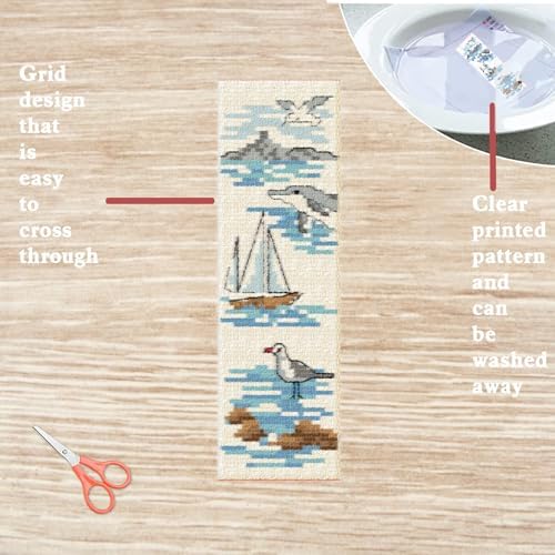 FREEBLOSS 6 Set Cross Stitch Bookmark Kit Stamped Cross Stitch Kit Ocean View Theme Embroidery Set with Instruction for Adults 8''*2.4'' - Image 3