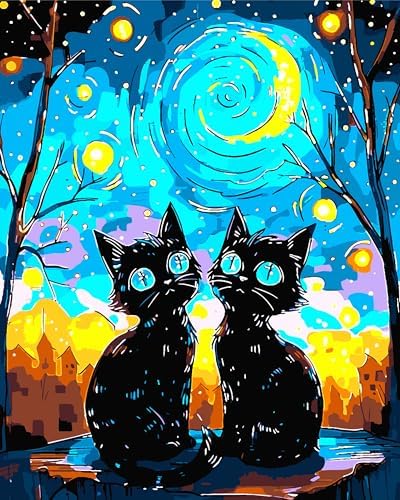 Yunnuo Paint by Numbers Kit for Adults Two Black Cat, Adult Paint by Number Kits Animals and Starry Night,DIY Paintwork with 3 Paintbrushes and Acrylic Paints,Perfect for Home Wall Decor 16x20 Inch by Yunnuo-premiumdiyartpaintingkits