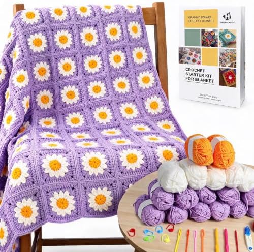 HHSarioneiro Crochet Blanket Kit for Beginners, Easy Granny Square Crochet Kit for Adults,with Step-by-Step Instructions and Clear Videos, Includes Multiple Accessories, Gift for Craft Lovers (Purple) by Unknown