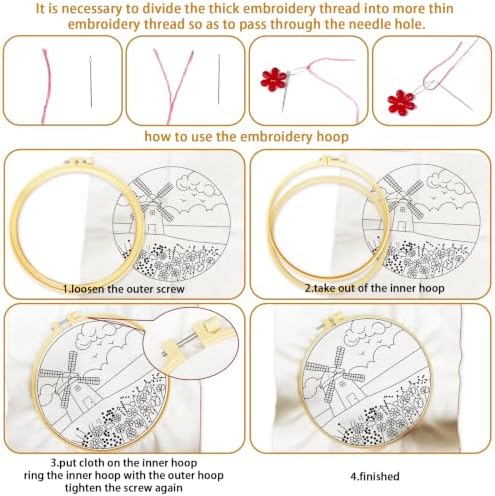 BEUNITONE 4 Set Embroidery Kits for Beginners, Pink Scenery Design with Pre-Stamped Pattern Craft Kits Include Instruction and Hoops, 7.9"x7.9" Needlepoint Kits for Festival Gifts and Home Decor - Image 3
