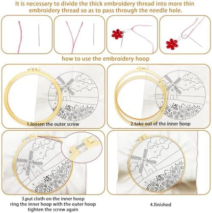 BEUNITONE 4 Set Embroidery Kits for Beginners, Pink Scenery Design with Pre-Stamped Pattern Craft Kits Include Instruction and Hoops, 7.9"x7.9" Needlepoint Kits for Festival Gifts and Home Decor - Image 3