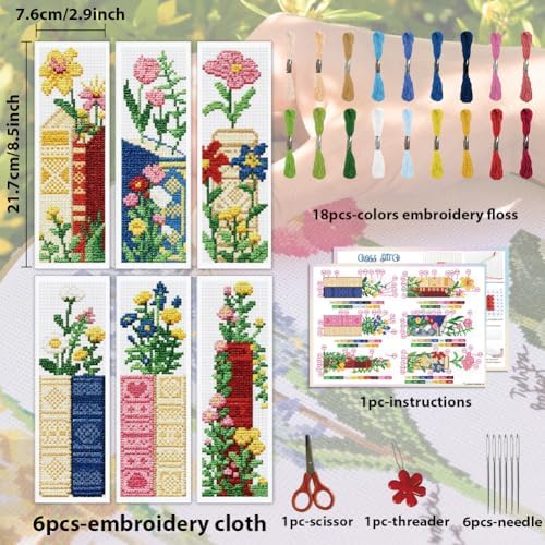ACRNIGHEET 6PCS Stamped Cross Stitch Bookmark Kit for Beginners Flower 11CT - Image 2