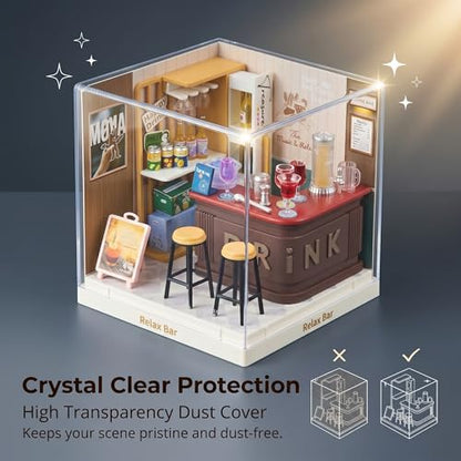 Relax Bar Miniature House Kit, Plastic DIY Dollhouse with Bar Counter & High Chairs, Stackable Transparent Dust Cover, Creative Desktop Decor for Adults Teens - Image 4
