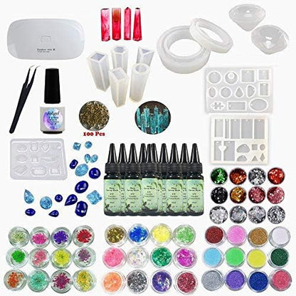 UV resin glue kit 10pcs 12 molds with lamp 48 decorations glitter dried flowers + Top coat gel to add shine, resin crafts jewelry making kit for pendants necklaces bracelets diamonds earrings by VidaRosa