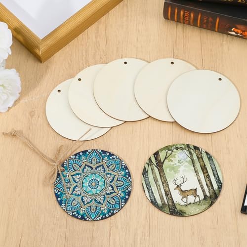 10PCS Wood Circles for Crafts 4 Inch Wood Rounds Wooden Circles for Crafts Wood Ornament Blanks Wooden Discs with 10 Strings for DIY Painting Crafting Party Christmas Home Decor Gift Tags - Image 4