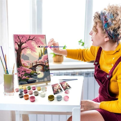 JOOZ Sakura Paint by Numbers Kit for Adults with Frame Landscape Paint by Number with Easel Lake Adult Paint by Number Kits Framed Canvas Mountain Oil Painting Kits for Home Wall Decor 8x12 Inch - Image 3