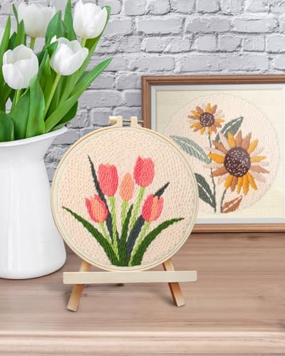 ERKOON Punch Needle Kit Adults Beginners, 2 Pcs DIY Easy Flower Embroidery Set for Starter Art Craft, Needling Punching Project with Patterns, Tools, Yarns, Hoop, Instruction (Sunflowers & Tulips) - Image 6