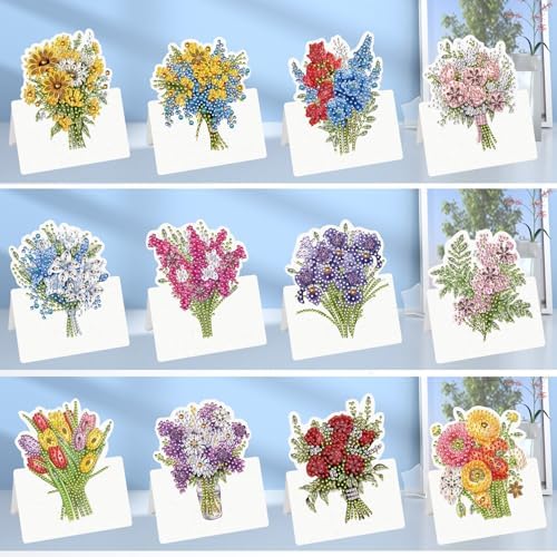 jinglinhh 12pcs Flowers Bouquet Sunflower Diamond Art Painting Greeting Cards with Envelopes, DIY Card Making Kits for Adults, Diamond Art Christmas Cards for Birthday Holiday Postcards Craft Gifts - Image 6