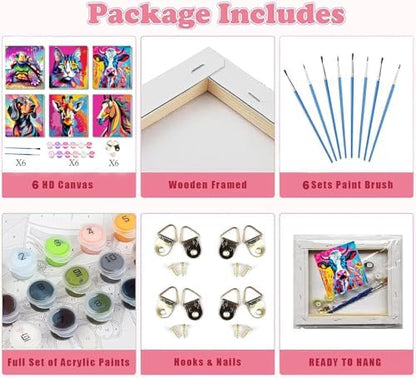 6 Pack Framed Paint by Numbers Kit for Kids, Horse Color By Number Painting Kits for Kids Ages 4-8-12, Cat Giraffe Paint by Numbers Canvas Children DIY Paints by Number Kits for Beginners 8x8Inch - Image 4