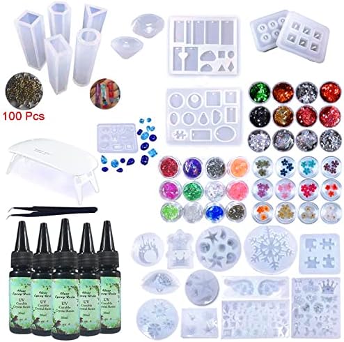 Crystal Clear Transparent UV Epoxy Resin 210ml Kit 15 Silicone Molds 15 Shimmer Pigment 12 Glitters 9 Open Back Bezels + Traceless Tape for Crafts Jewelry Pendants Earrings Making by VidaRosa