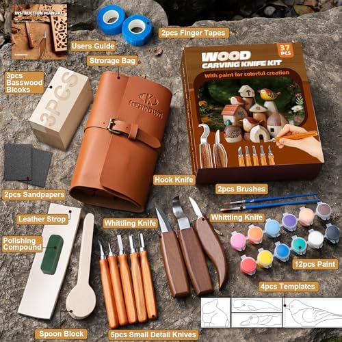 Wood Carving Kit, 37pcs Wood Carving Tools with 12 Color Paint, Wood Whittling Kit with 4pcs Templates & Users Guide for Beginners37Pcs Wood Carving Kit with Storage Bag - Image 3