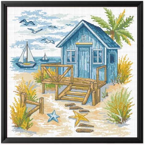 FREEBLOSS 11CT Cross Stitch Kit Stamped Cross Stitch Craft Kit with Stitching Guide for Beginners Beach House Embroidery Set Crossstitch Wall Hanging Set 17.7x17.7inch by FreeandCreativeCraftsArt