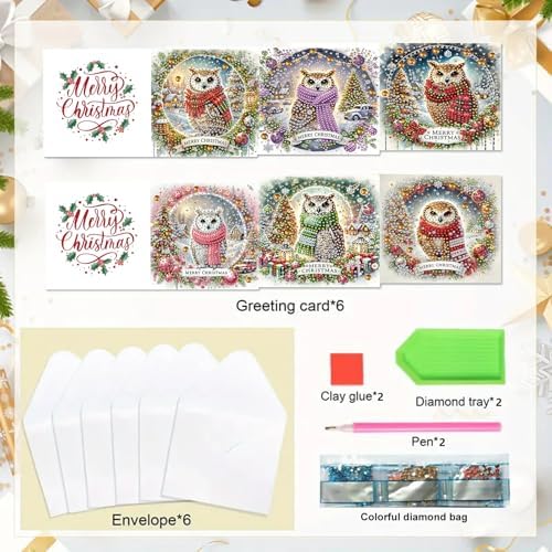 6Pcs Christmas Greeting Card DIY Diamond Art Painting Greeting Cards Blessing Folding Card Kit with White Envelopes Diamond Arts Crafts for Birthday Festival Gift-Owl - Image 4