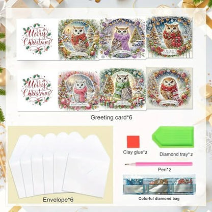 6Pcs Christmas Greeting Card DIY Diamond Art Painting Greeting Cards Blessing Folding Card Kit with White Envelopes Diamond Arts Crafts for Birthday Festival Gift-Owl - Image 4