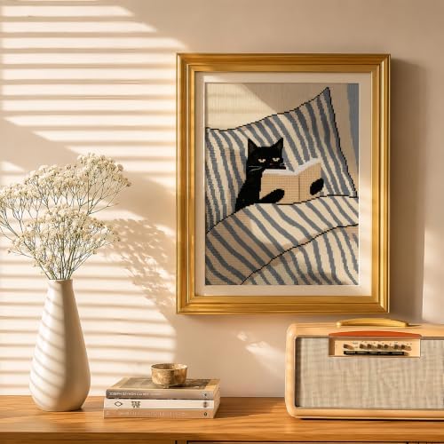 Black Cat Reading Book Stamped Cross Stitch Kits for Beginner 12x16 Inch - Image 5