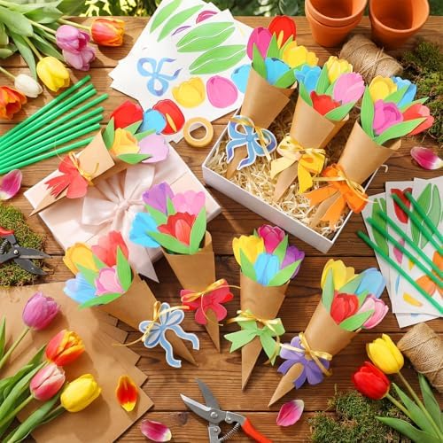 Motipuns 48 Set Graduation DIY Tulip Paper Crafts Flower Bouquet Craft Kit Bouquets Make Your Own Tulip Thankful Gifts for 2026 End of Year Last Day of School Gifts Home Classroom Activities - Image 2