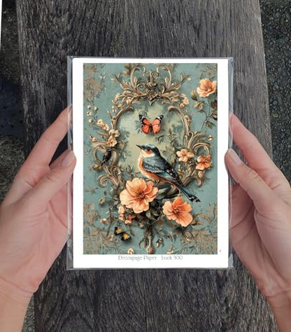 Decoupage Paper Pack (35 Sheets 6"x8") Birdsong Beauty: Graceful Birds Perched Among Floral Arrangements, accompanied by Butterflies, Creating a Harmonious, Vintage-Inspired Nature Scene FLONZ - Image 3