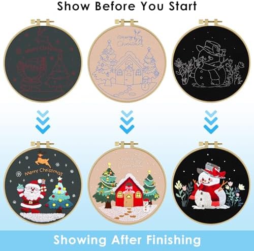 ERKOON 3 Sets Embroidery Kit for Beginners, Christmas Cross Stitch Set with Easy Pattern Embroidery Cloth Hoops Threads for Craft Lover Hand Stitch - Image 3