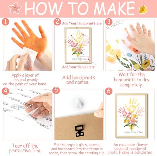QOUBAI Flower Bouquet Handprint Art Craft DIY Kit Mother's Day Gifts from Daughter or Son Children Adults Handprint Keepsake for Mom Grandma Birthday Gifts Christmas (12X16in, with Wood Frame) - Image 4
