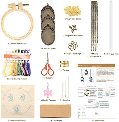 ZOCONE 3 Packs Embroidery Necklace Kit, Embroidery Pendant Kits Mini Cross Stitch Kit with Hoop, Necklace, Pendant, Beads, Stamped Pattern Cloth, Instructions, etc., Embroidery Kits for Adults - Image 2