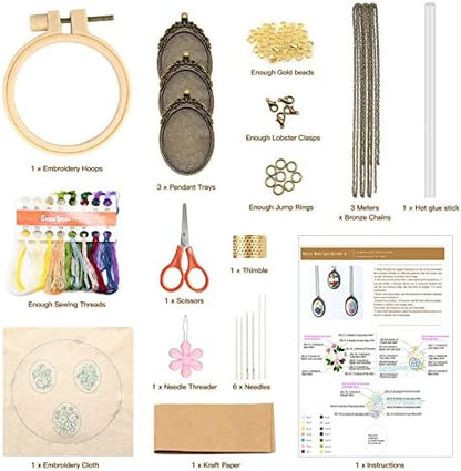 ZOCONE 3 Packs Embroidery Necklace Kit, Embroidery Pendant Kits Mini Cross Stitch Kit with Hoop, Necklace, Pendant, Beads, Stamped Pattern Cloth, Instructions, etc., Embroidery Kits for Adults - Image 2