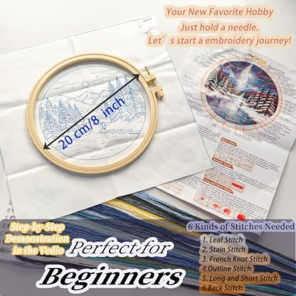 FONNUY Embroidery Kit for Beginners, Boho Nature Landscape Pre-Stamped Pattern Kits for Adults with Hoop, Easy to Follow Color Thread Needlework, 8'' Hoop (Winter Night) - Image 5