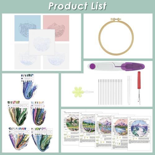 ERKOON Embroidery Kit for Beginners, 5 Sets Flower Cross Stitch Set for Adults Include Embroidery Cloth Hoops Threads for Craft Lover Hand Stitch with Skill Techniques (Landscape) - Image 2