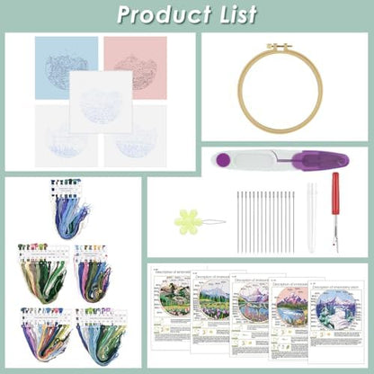 ERKOON Embroidery Kit for Beginners, 5 Sets Flower Cross Stitch Set for Adults Include Embroidery Cloth Hoops Threads for Craft Lover Hand Stitch with Skill Techniques (Landscape) - Image 2