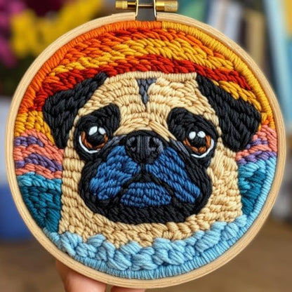 DIY Punch Needle Kits Cute Pug Dog with Sunset with Hoop 20x20cm-4 by Unknown