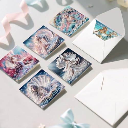 6pcs Diamond Painting Greeting Card with envelopes, DIY Shells and Mermaids Diamond Art Greeting Card for Blessing and Wish Special Shaped Arts Crafts for Christmas Birthday Thanksgiving Day Holiday - Image 4