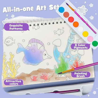 Watercolor Painting Coloring Books, Paint with Water Arts & Crafts Kit for Kids, Travel Activities Art Supplies Party Favors Exchange Birthday Gifts for Boys Girls, Spiral-Bound (Marine) - Image 4