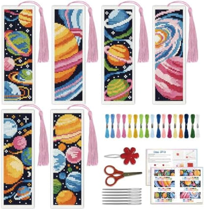 ACRNIGHEET 6PCS Cross Stitch Bookmark Kit for Beginner Stamped Cross Stitch Kits for Adults Planet DIY Tassel Embroidery Bookmark Kits Needlepoint Kit with Instructions Craft Gift 8.5''x3'' 11CT by ACRNIGHEET