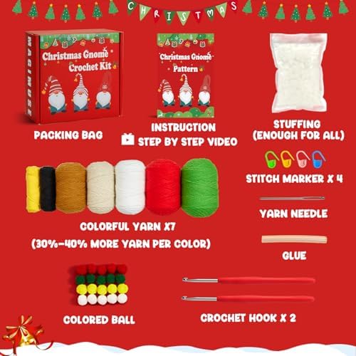 MAGIMUSE Christmas Crochet Kit for Beginners, Crochet Starter Kits for Adults Amigurumi Craft Knitting Crochet Animals Kits with Step-by-Step Video Tutorials, 3 Pack Gnome (40%+ Yarn) - Image 6