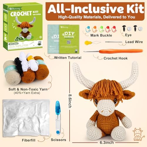 Faircosy Learn to Crochet Beginner Kit: All in One Highland Cow Crochet DIY Kit with Yarn, Crochet Hooks, Video Guide - Make Adorable Cow for Women, Teens & Adults - Great Learning Craft Gift - Image 2