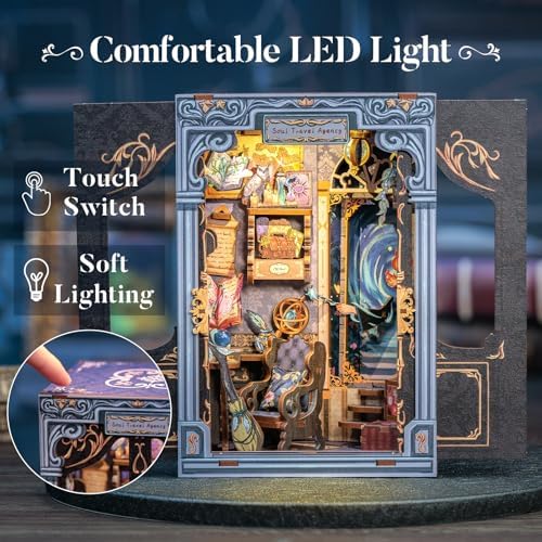 CUTEBEE Book Nook Kit - DIY Miniature House Dollhouse Kit for Adults and Teens, Booknook Tiny House Bookshelf Decor 3D Wooden Puzzle, Gifts for Family Friends (Soul Travel Agency) - Image 5