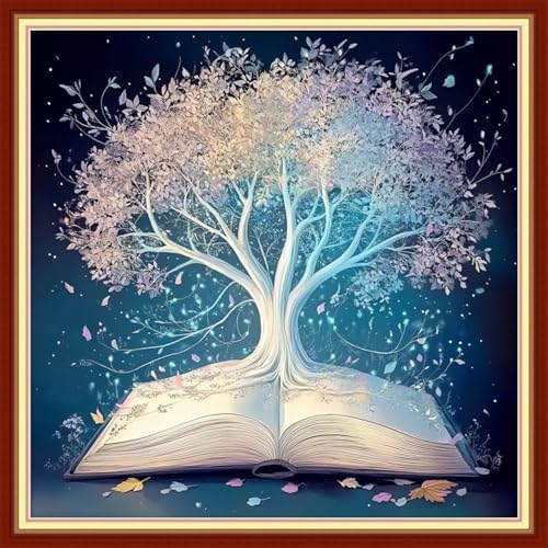 Redxing Stamped Cross Stitch Kits Embroidery kit for Beginners Adults Full Range of Embroidery Patterns Starter Kits DIY Printed Cross Stitch Kits Needlepoint Kits 11CT-White Tree Book 18x18 inchs by RedxingStampedCrossStitchK