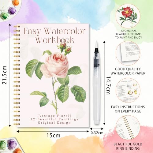 Retro Floral Watercolor Workbook for Beginners, 12 Different Retro Florals Patterns of Original Designs, Pink Rose Water Coloring Book Set with Water Paintbrush, Relaxing Art Gift for Flower Lovers - Image 2