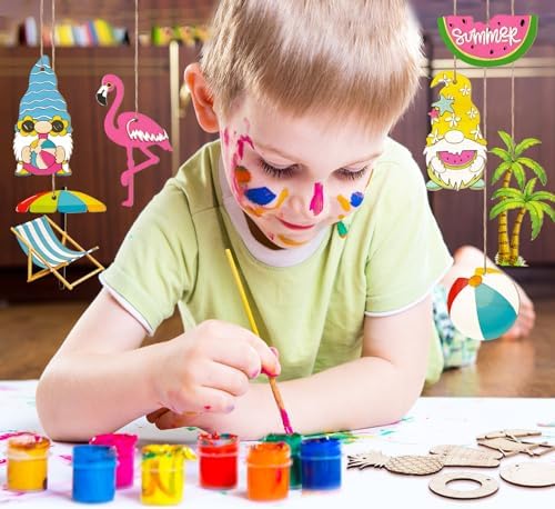 JellyArch 36 Pcs Summer Wood Cutouts Crafts for Kids, Hawaiian Blank Unfinished Wooden Shapes Slices, Tropical Beach DIY Crafts Paint Ornaments Hanging Embellishment for School Home Party Decors - Image 2
