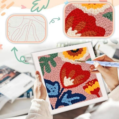 SDOYUNO Punch Needle Kit with Frame for Adults Beginners Kits 9.84 x 9.84 Inch Embroidery Starter Kits Punch Needle Kit with Red Flower Pattern, Threader, Yarns, Rug Punch, DIY Craft Kits (red) - Image 4