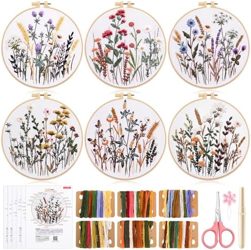 Hokoad 6 Pack Embroidery Kit for Beginners Flower Cross Stitch Kits for Adults Complete Embroidery Starter Kit with Hoop Floral Stamped Pattern Needles Threads Instructions, Gift for Hand Craft Lover by WelcometoHokoad